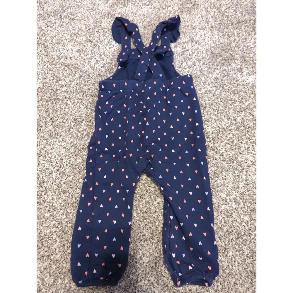 CARTER'S Navy Blue Knit Adjustable Overalls with Pink Hearts Ruffles 18 months